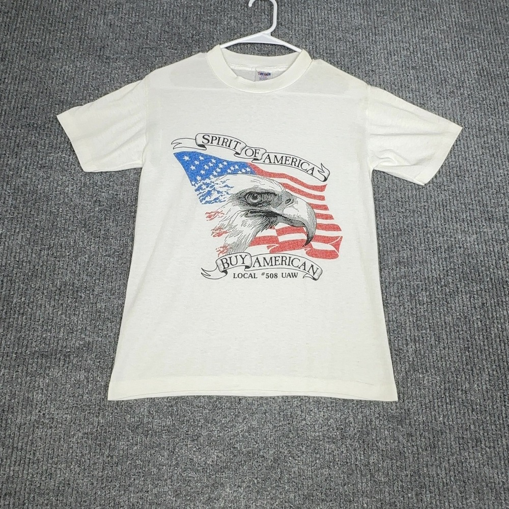 VTG Trench Spirit of America UAW T Shirt Mens S White Eagle Flag Single Stitch